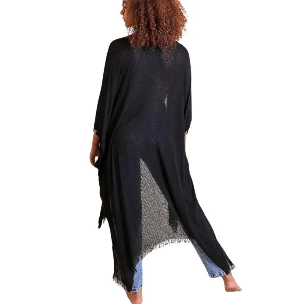 Black Frayed Kimono Open Grid Fabric One Size Casual Fringes Wrap Duster Boho - Picture 2 of 2